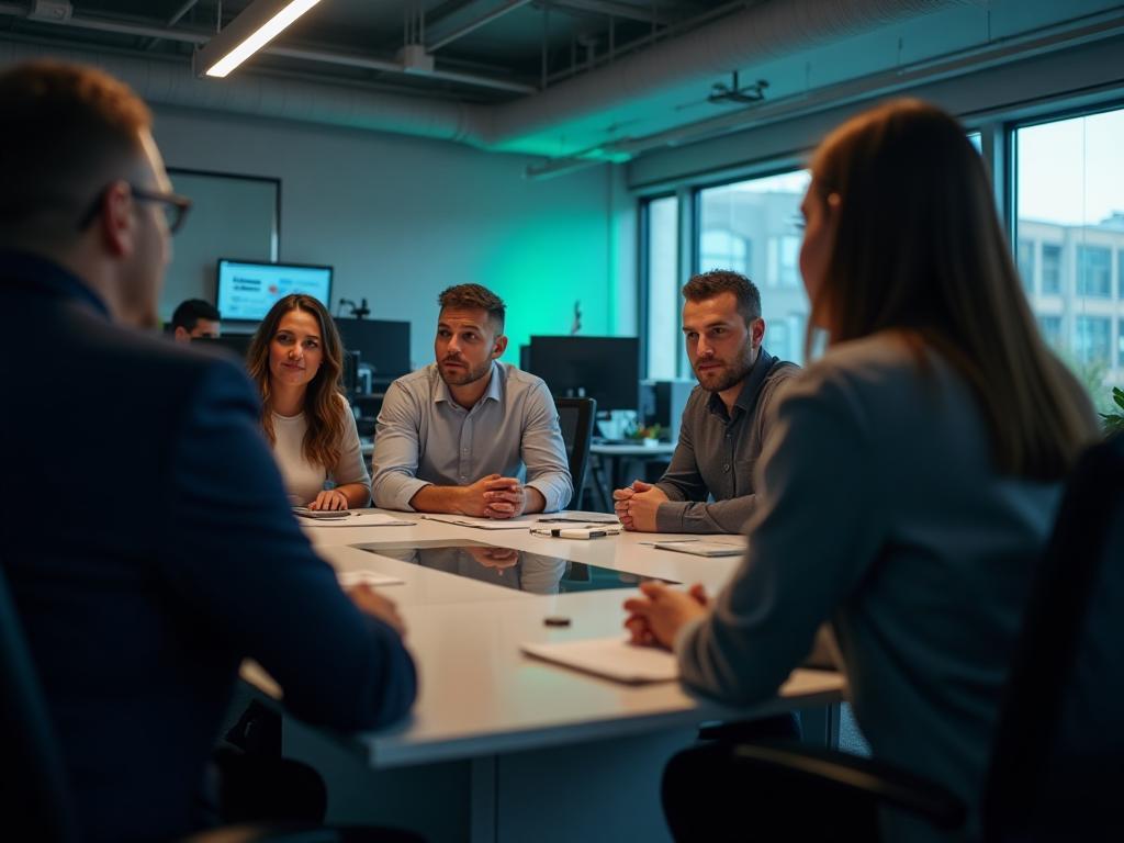 Diverse team collaborating in a modern EmTech Networks office, reflecting innovation and teamwork.