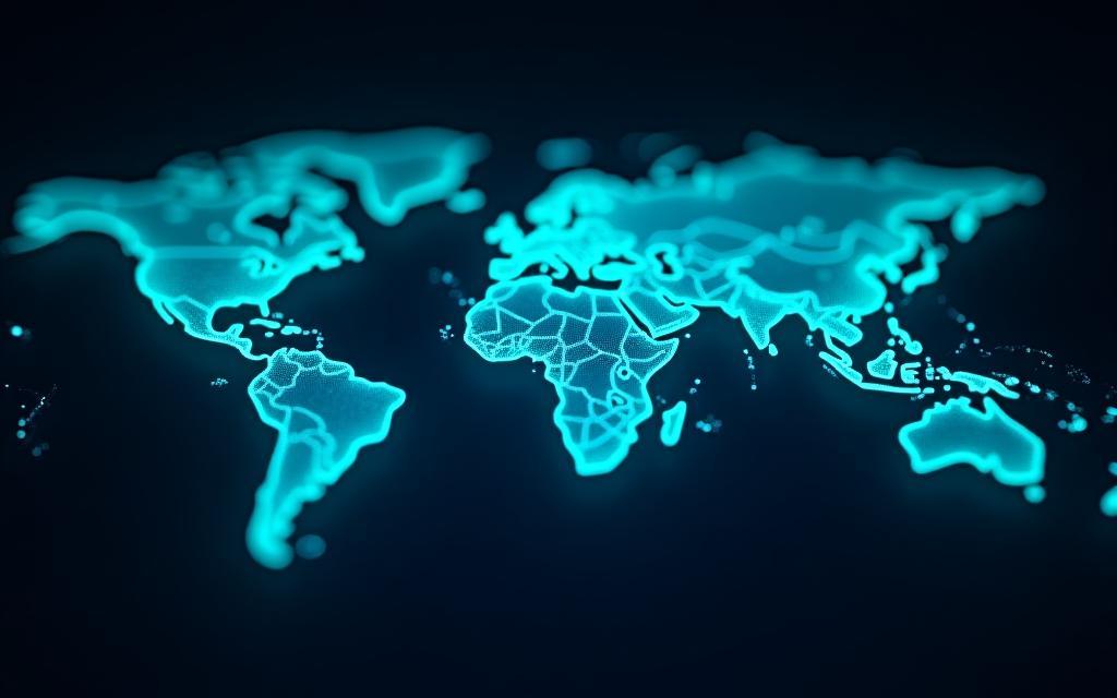 Abstract visualization of a secure, interconnected global network map.