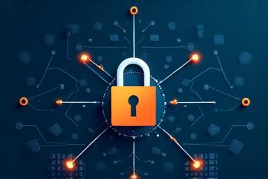 Digital padlock icon over a network diagram, symbolizing security.
